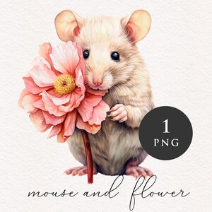 Clipart PNG de souris et de fleurs adorable petit animal, clipart de chambre d'enfant, adorable rongeur, graphiques PNG des bois, sublimation, fabrication de cartes, tenue d'un journal