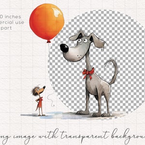K&ouml;nnte beinhalten: Aquarell-Illustration eines gro&szlig;en, grauen Hundes mit roter Fliege und orangefarbenem Ballon. Eine kleine Figur in Rot blickt auf den Ballon. Das Bild ist mit "10 x 10 Zoll Commercial use clipart" beschriftet.