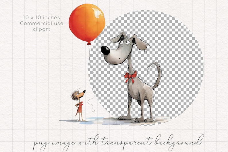 K&ouml;nnte beinhalten: Aquarell-Illustration eines gro&szlig;en, grauen Hundes mit roter Fliege und orangefarbenem Ballon. Eine kleine Figur in Rot blickt auf den Ballon. Das Bild ist mit "10 x 10 Zoll Commercial use clipart" beschriftet.