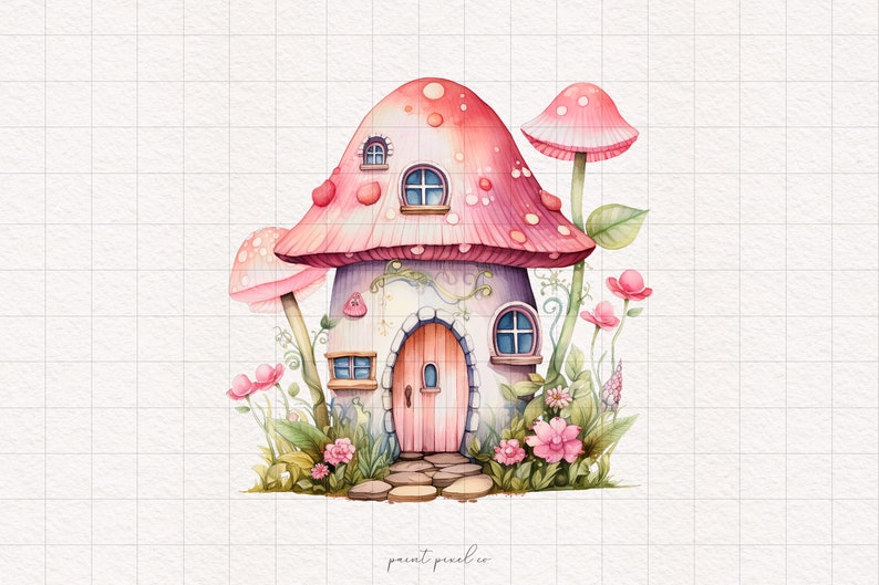 Pink Toadstool House Clipart Enchanted Mushroom Fairy PNG Pink ...