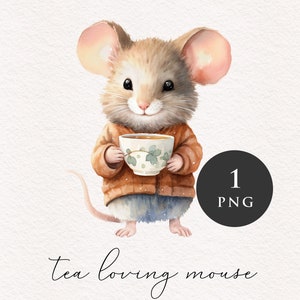 Mouse drinking tea PNG clipart vintage animal Clip art nursery adorable rodent graphics woodland PNGs Sublimation Card making Journaling