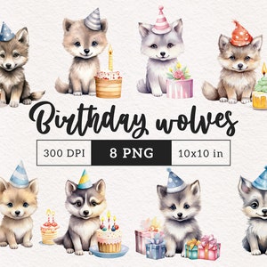 Könnte beinhalten: Acht Aquarell-Illustrationen von niedlichen Wölfen, die Partyhüte tragen und Geburtstage feiern. Die Wölfe halten Geburtstagstorten, Geschenke und Kerzen. Die Illustrationen sind perfekt für Geburtstagskarten, Einladungen und Partydekorationen.