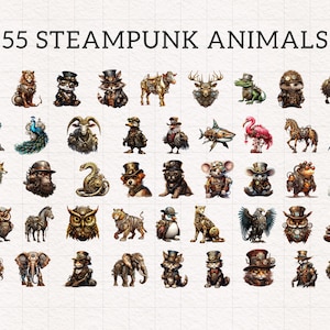 May include: 55 Steampunk Animals: A collection of 55 digital illustrations featuring various animals in a steampunk style. Each animal is depicted with intricate gears, cogs, and other mechanical elements.