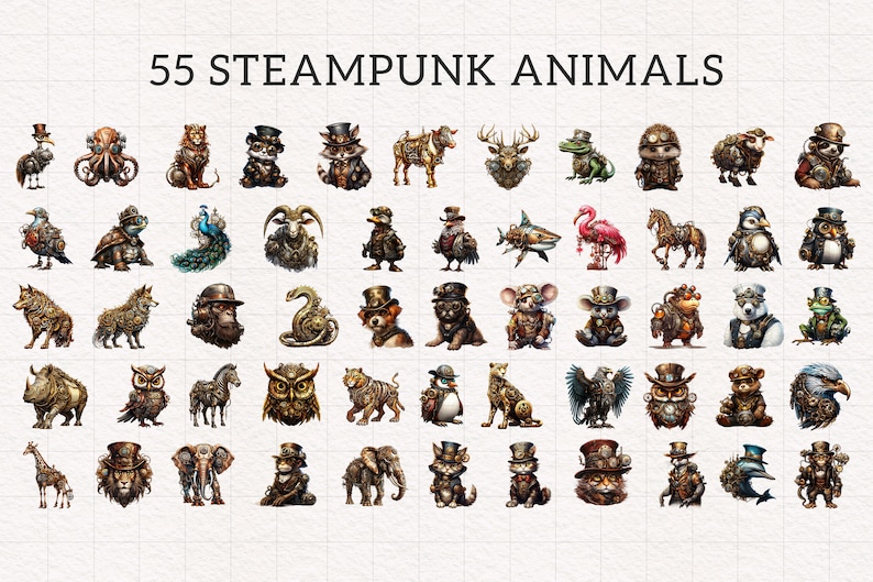 May include: 55 Steampunk Animals: A collection of 55 digital illustrations featuring various animals in a steampunk style. Each animal is depicted with intricate gears, cogs, and other mechanical elements.