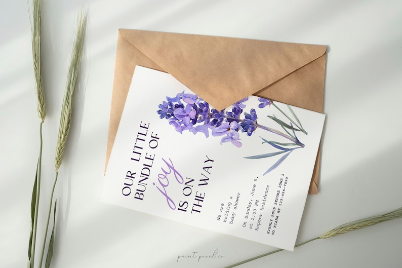 May include: A lavender-themed baby shower invitation with a watercolor illustration of lavender flowers. The text reads "Our little bundle of joy is on the way". The invitation details the date, time, and location of the shower.
