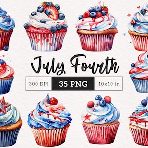 4. Juli Cupcake Clipart Unabhängigkeitstag PNG Vaterländische süße Leckereien Aquarell Sublimation Papier Handwerk Karte machen druckbare kommerzielle Nutzung