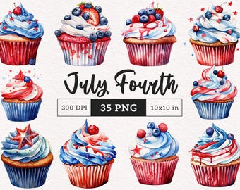 July 4th cupcake Clipart Independence day PNG Patriotic sweet treats Watercolor Sublimation Paper Craft Card making Printable Commercial use