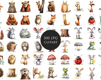 300 Quirky Woodland Animals JPG Clipart Whimsical Bears Fox clip art Funny Hedgehog illustration card making Mixed Media JPGs commercial use