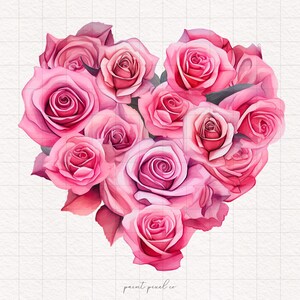 Puede incluir: Ilustraci&oacute;n en acuarela de un coraz&oacute;n compuesto por rosas rosas. Las rosas var&iacute;an en tonos de rosa y rojo, con detalles de p&eacute;talos. El fondo es un patr&oacute;n de cuadr&iacute;cula blanca. El texto "paint pixel co." est&aacute; en la parte inferior.
