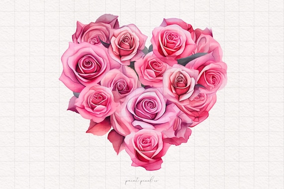 3 Rose Floral Hearts PNG Rose Flowers Heart Clipart Valentine Watercolor Heart Sublimation Paper Crafting Junk Journal Kit Printable Holiday