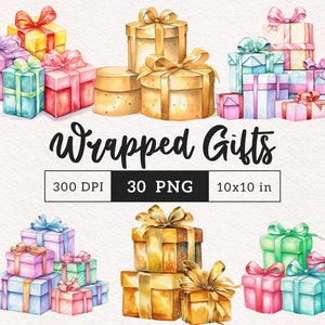 Wrapped Presents PNG Gift boxes clipart Gold gift box clip art Birthday Holiday Sublimation scrapbook Digital paper crafting Commercial use