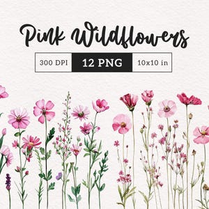 Bordas de flores silvestres rosa clipart floral aquarela rosa casamento flores silvestres sublimação prado verão papel digital artesanato uso comercial