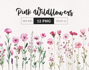 Rosa Wilde Blume grenzt floral Aquarell rosa Hochzeit Wildblumen Sublimation Wiese Sommer Digitales Papierhandwerk Kommerzielle Nutzung