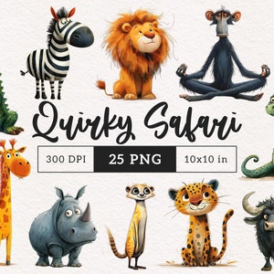 Peculiares animales de Safari PNG Clipart Bundle Animal caprichoso Sublimación clip art Dibujos animados animales salvajes Gráficos caprichosos Ilustración tonta divertida