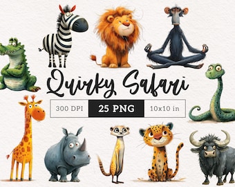 Animais de safári peculiares PNG Clipart Bundle Animal caprichoso Sublimação clip art Desenhos animados de animais selvagens Gráficos caprichosos Ilustração engraçada e boba