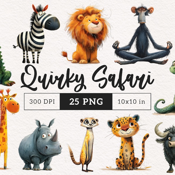 Quirky Safari animals PNG Clipart Bundle Whimsical animal Sublimation clip art Cartoon wild animals Whimsy graphics Funny Silly illustration