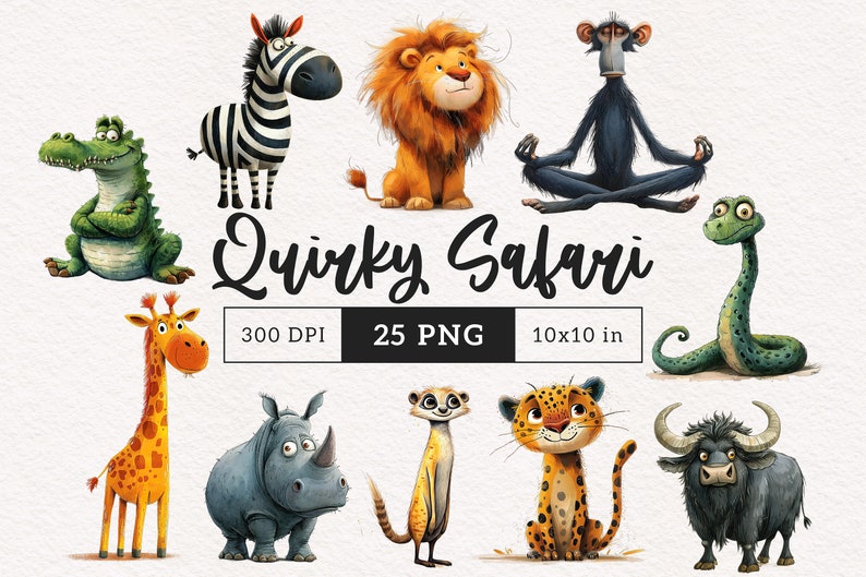 May include: A set of 10 quirky safari animal illustrations, each with a unique personality. The animals include a zebra, lion, monkey, snake, giraffe, rhinoceros, meerkat, leopard, and buffalo. The illustrations are in a cartoon style and are perfect for use in children's books, greeting cards, or other creative projects.
