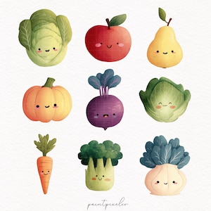 14 Cute Vegetables and Fruits Clipart Cartoon Produce PNG High Resolution Digital download Sticker design Paper craft Sublimation graphics
