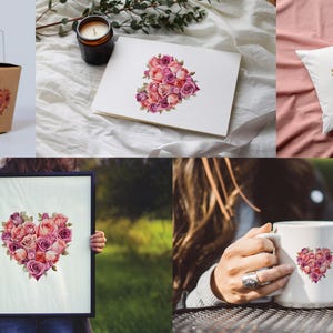 Puede incluir: Varios art&iacute;culos con un dise&ntilde;o floral en forma de coraz&oacute;n compuesto por rosas rosas y moradas. Los art&iacute;culos incluyen una caja para llevar, un cuaderno, un coj&iacute;n, una impresi&oacute;n enmarcada y una taza.