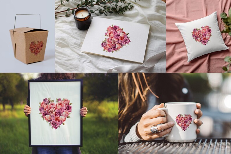 Puede incluir: Varios art&iacute;culos con un dise&ntilde;o floral en forma de coraz&oacute;n compuesto por rosas rosas y moradas. Los art&iacute;culos incluyen una caja para llevar, un cuaderno, un coj&iacute;n, una impresi&oacute;n enmarcada y una taza.