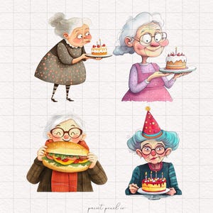 4 Quirky old Foodie Woman Clipart Hungry Grandma with cake PNG Whimsical Funny Cartoon People Sublimation Whimsy clipart Silly Old ladies
