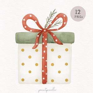 May include: Watercolor illustration of a gift box with a green lid and white body adorned with gold polka dots. A red ribbon with white polka dots and a sprig of greenery complete the festive design. The image includes the text "12 PNGs".