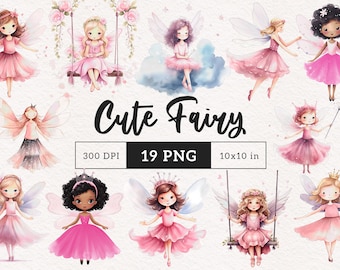 Cute Fairy Clipart Black Fairy PNG Pink Fairytale Childrens books illustration Enchanted Pink fairy with wings on swing for girls Magical
