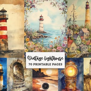 Op de afbeelding: Een verzameling aquarel schilderijen met vintage vuurtorens. De afbeeldingen tonen verschillende vuurtorenontwerpen, waaronder een rood-wit gestreepte toren, en kustscènes met bloemen en gebouwen. De tekst "Vintage lighthouse" en "70 Printable Pages" is ook zichtbaar.