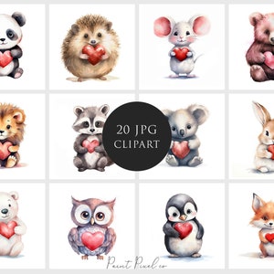 Valentine animal Clipart High Quality JPGs Watercolor hearts clip art cute JPG Sublimation Junk Journal Paper crafting Commercial License
