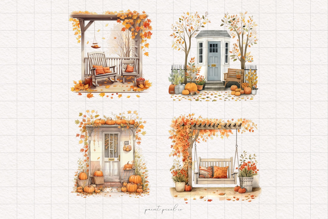 4 Autumn Porch Clipart Boho Fall House PNG Watercolor Cozy Patio Scenes ...