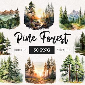 Forest Tree Clipart Pine Forest aquarel PNG Pine bomen Berg clipart Landschap bos Achtergrond clipart graphics Groen