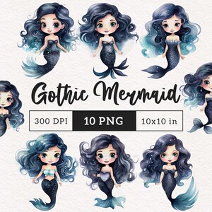 Clipart sirena gotica PNG creature fantasy sottomarine sublimazione PNG adesivi per album spazzatura diario cake topper invito per uso commerciale