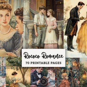 Op de afbeelding: Een digitale kunstprint getiteld "Rococo Romance" met aquarel illustraties van stellen in historische kleding, lezend en in romantische scènes. De afbeelding bevat de tekst "70 Printable Pages". Het kleurenpalet omvat zachte pasteltinten en gedempte kleuren.