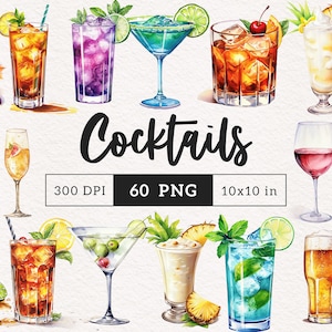 Watercolor Cocktails Clipart Cocktail PNG Beach drink alcohol clip art Martini Sublimation Digital Crafting scrapbooking commercial use