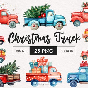 LKW Weihnachten Clipart Aquarell Niedlich Urlaub Fahrzeug Weihnachten PNG Winter Blau Rot LKW Sublimation Digitales Handwerk Junk Journal Scrapbooking