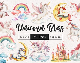 Cute Unicorn Clipart Whimsical Fantasy PNG Watercolor Rainbow Stars clip art Sublimation Flying unicorn Pink graphics for Girls magical POD