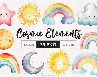 Rainbow Clipart Sun Stars clouds PNG Moon Sky elements Watercolor Cute Pastel illustration Paper Crafting Scrapbooking Junk journal kit