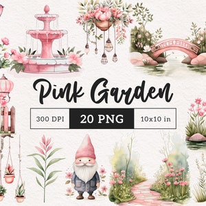 Roze tuin clipart betoverde tuin png Roze sprookje kinderboeken illustratie roze kabouter tuinfontein schommelt lamp hangende bloemen