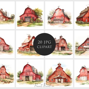 Imágenes prediseñadas de granja JPGs de alta calidad Acuarela Red Farm Barn paisaje clip art Sublimación Junk Journal Papel elaboración Licencia comercial