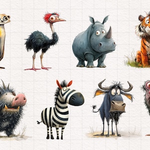 May include: A digital illustration of eight cartoon animals from the African savanna. The animals include a meerkat, ostrich, rhinoceros, tiger, warthog, zebra, wildebeest, and a vulture.
