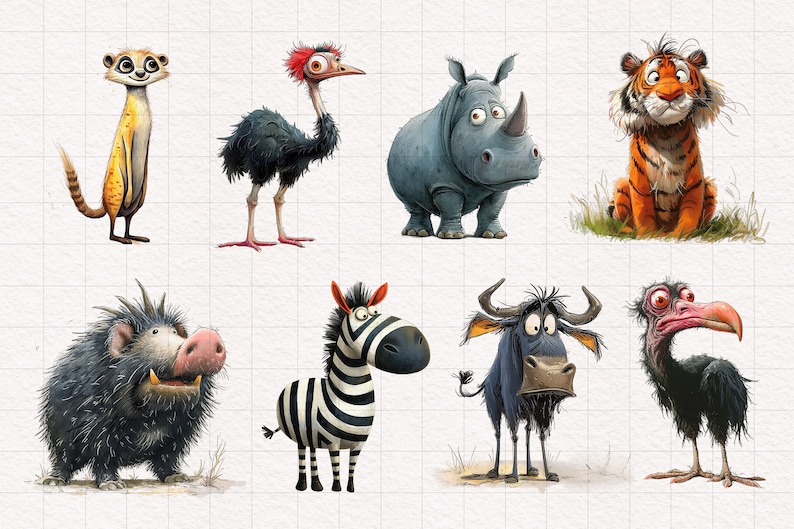 May include: A digital illustration of eight cartoon animals from the African savanna. The animals include a meerkat, ostrich, rhinoceros, tiger, warthog, zebra, wildebeest, and a vulture.