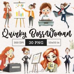 Quirky Business Woman clipart Funny Boss lady PNG Whimsical CEO Office life clip art Whimsy graphics Corporate Chic POD multitasking woman
