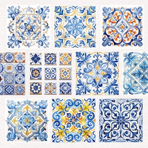 May include: Watercolor illustrations of decorative ceramic tiles in various square and rectangular shapes. The tiles feature intricate floral and geometric patterns in shades of blue, yellow, and orange on a white background.