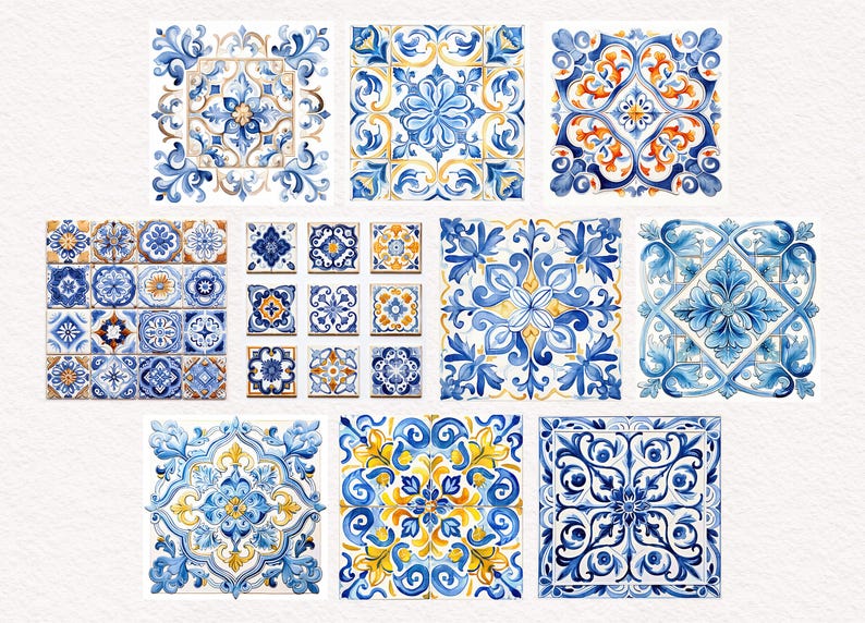 May include: Watercolor illustrations of decorative ceramic tiles in various square and rectangular shapes. The tiles feature intricate floral and geometric patterns in shades of blue, yellow, and orange on a white background.