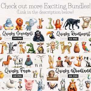 Puede incluir: Una colecci&oacute;n de im&aacute;genes digitales de clipart de 10x10 pulgadas que representan varios animales en estilo acuarela. Las im&aacute;genes est&aacute;n organizadas en cuatro categor&iacute;as: Quirky Serengeti, Quirky Rainforest, Quirky Farm y Quirky Woodland. Cada categor&iacute;a incluye una variedad de animales, como una jirafa, una cebra, un leopardo, un mono, un tuc&aacute;n, una serpiente, un loro, un cerdo, una oveja, un pollo, una cabra, un ciervo, un zorro, una mofeta, un mapache, un oso, un erizo, un murci&eacute;lago, un b&uacute;ho y una rana.