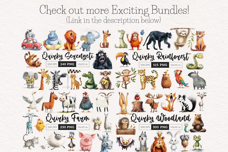 Puede incluir: Una colecci&oacute;n de im&aacute;genes digitales de clipart de 10x10 pulgadas que representan varios animales en estilo acuarela. Las im&aacute;genes est&aacute;n organizadas en cuatro categor&iacute;as: Quirky Serengeti, Quirky Rainforest, Quirky Farm y Quirky Woodland. Cada categor&iacute;a incluye una variedad de animales, como una jirafa, una cebra, un leopardo, un mono, un tuc&aacute;n, una serpiente, un loro, un cerdo, una oveja, un pollo, una cabra, un ciervo, un zorro, una mofeta, un mapache, un oso, un erizo, un murci&eacute;lago, un b&uacute;ho y una rana.