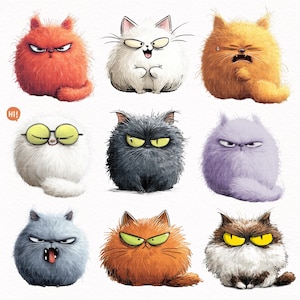 Puede incluir: Nueve gatos de dibujos animados con diversas expresiones. Los gatos son esponjosos y redondos, con diferentes colores como rojo, blanco, naranja, gris y morado. Cada gato tiene una expresión facial única, como enfadado, triste o sorprendido. La imagen está sobre un fondo blanco.