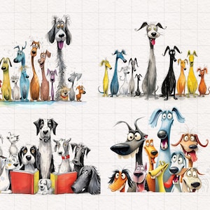 K&ouml;nnte beinhalten: Vier Illustrationen mit Cartoon-Hunden. Die Hunde sind in verschiedenen Posen und Farben dargestellt, einige lesen B&uuml;cher. Das Kunstwerk hat eine spielerische und unbeschwerte Ausstrahlung.