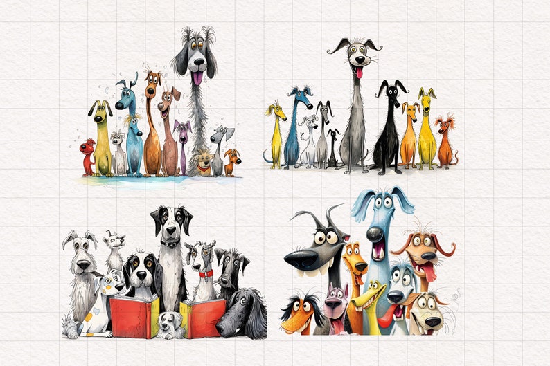 K&ouml;nnte beinhalten: Vier Illustrationen mit Cartoon-Hunden. Die Hunde sind in verschiedenen Posen und Farben dargestellt, einige lesen B&uuml;cher. Das Kunstwerk hat eine spielerische und unbeschwerte Ausstrahlung.