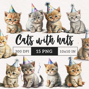 Party Cat clipart PNG Birthday cat watercolor clipart Cute kitten Sublimation cardmaking scrapbook Free commercial use PNG print on demand